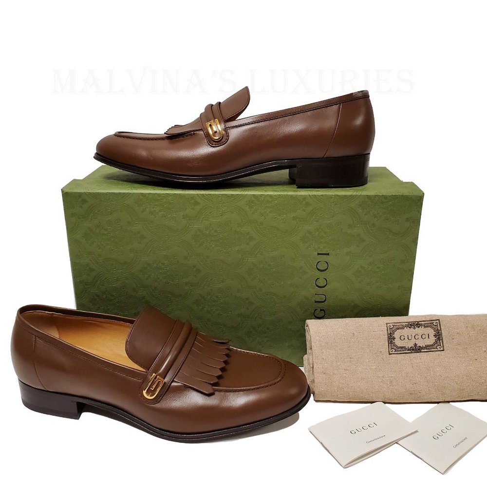 GUCCI SHOES MENS MIRRORED G FRINGED DETAIL BROWN LOAFERS sz US 10.5 - Picture 4 of 16